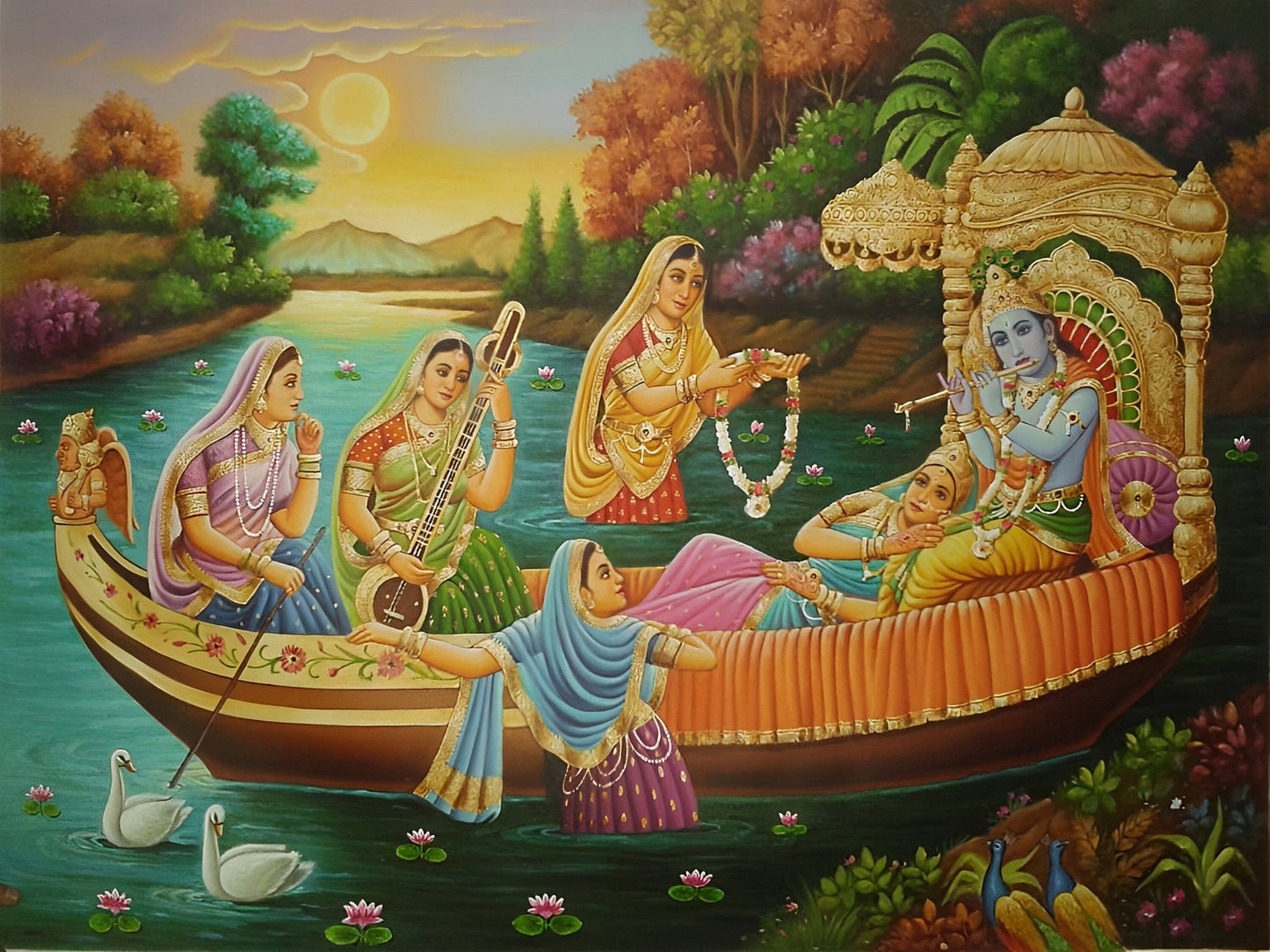 Lord Krishna with Radha and Gopies Detailed Handmade Oil Canvas