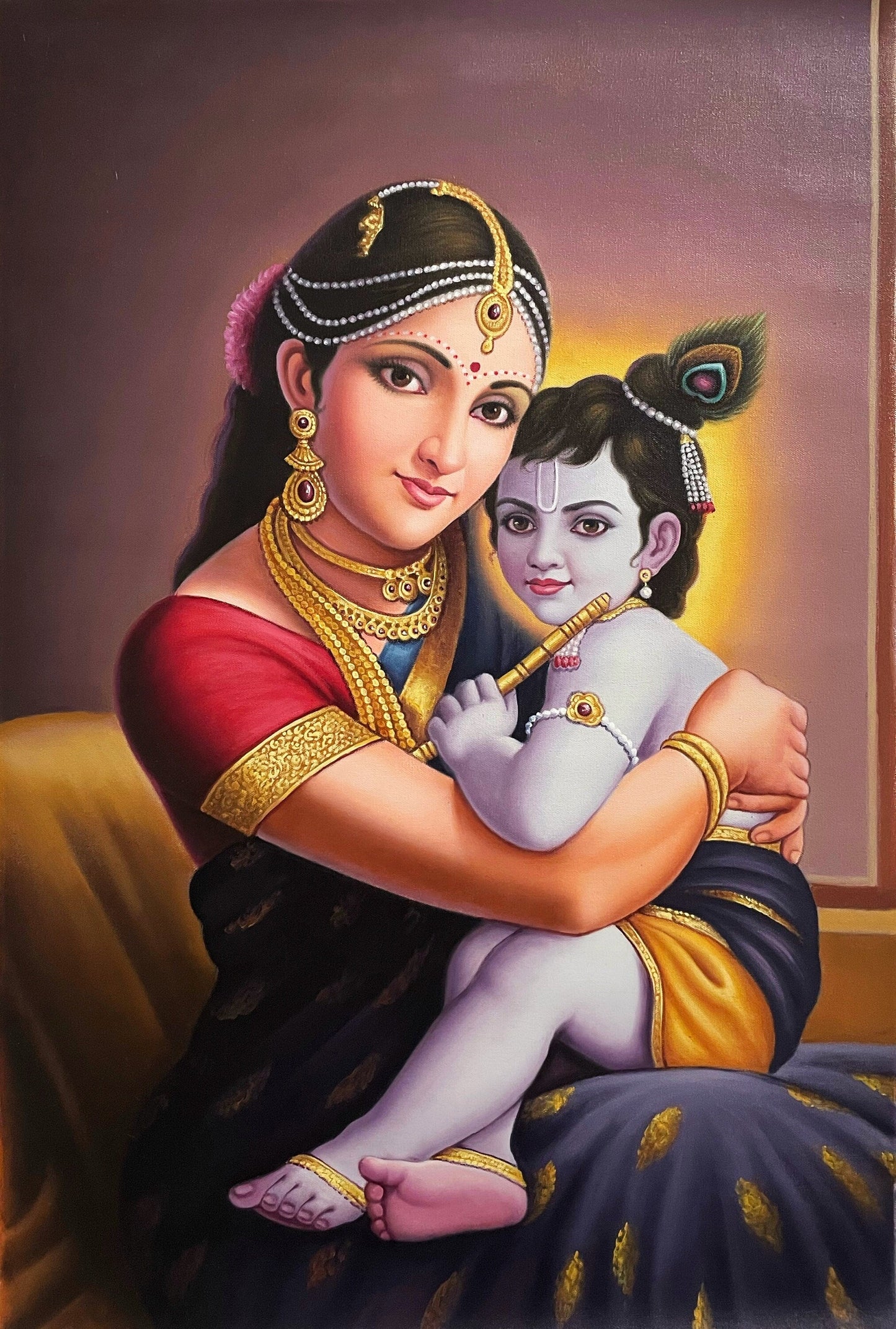 Lord Krishna with Maa Yashodha Detailed Handmade Oil Painting On Canvas