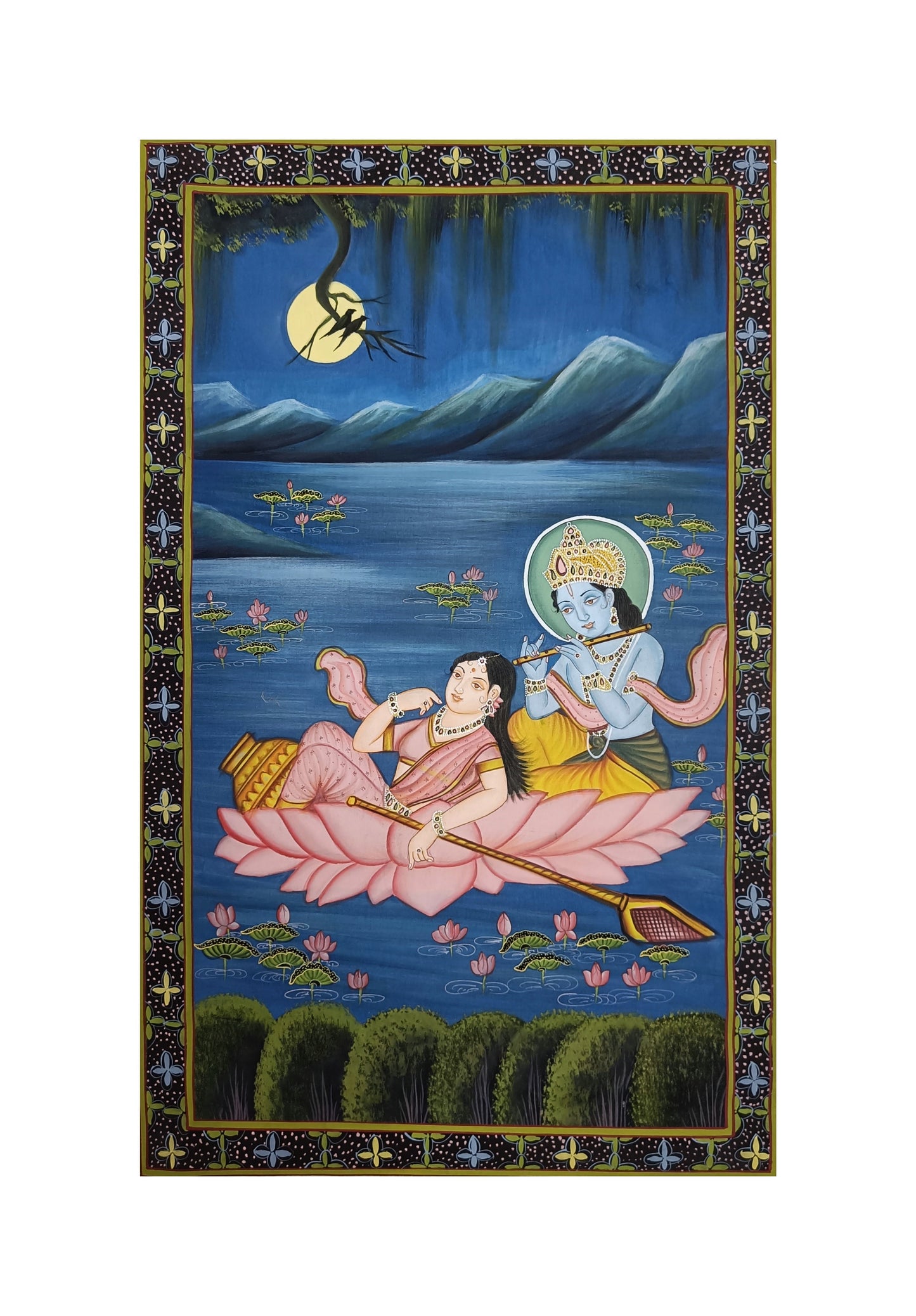 Shree Radha Krishna Bhakti Hand Printed Artwork Wall Painting