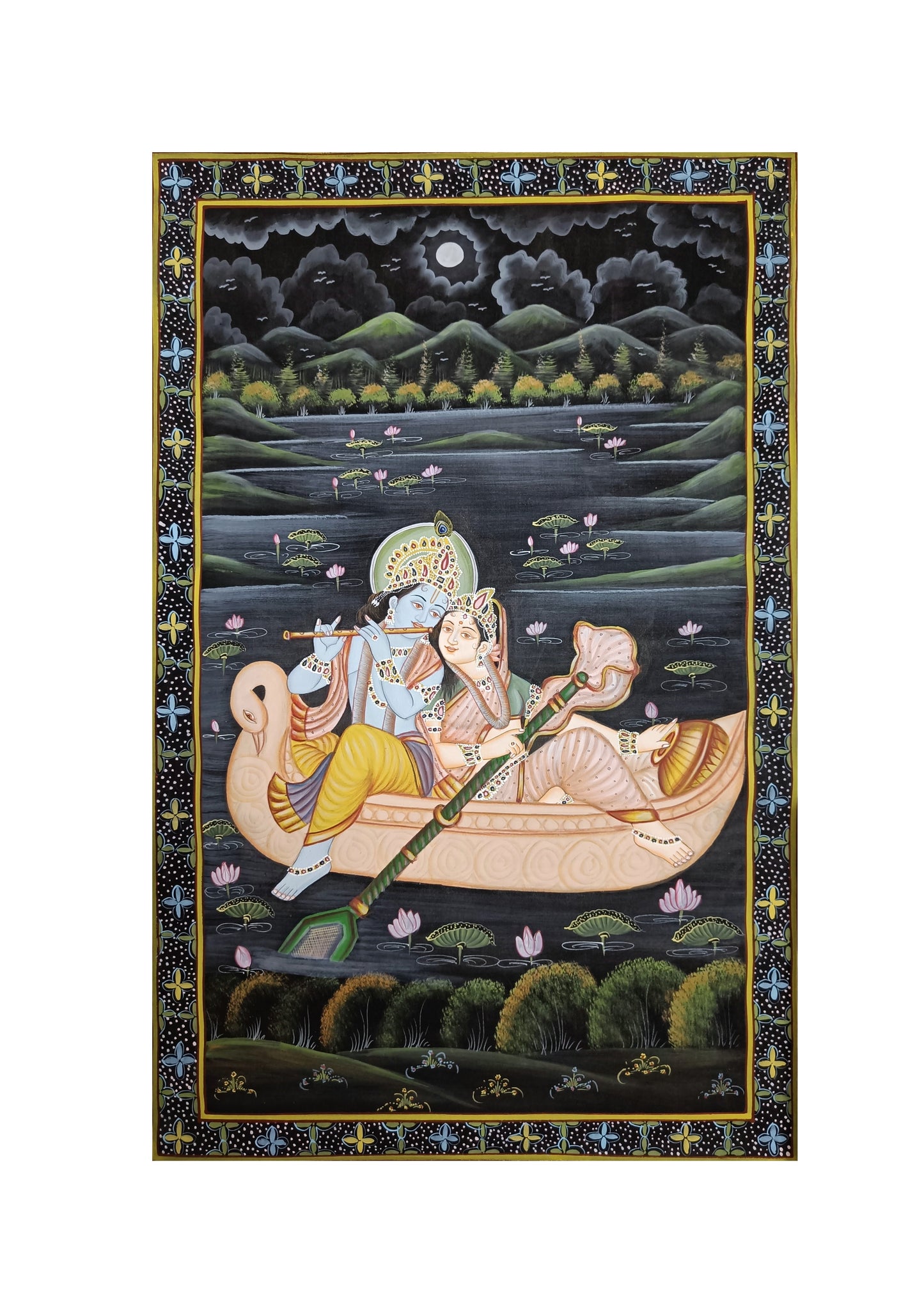 Shree Radha Krishna Bhakti Hand Printed Artwork Wall Painting