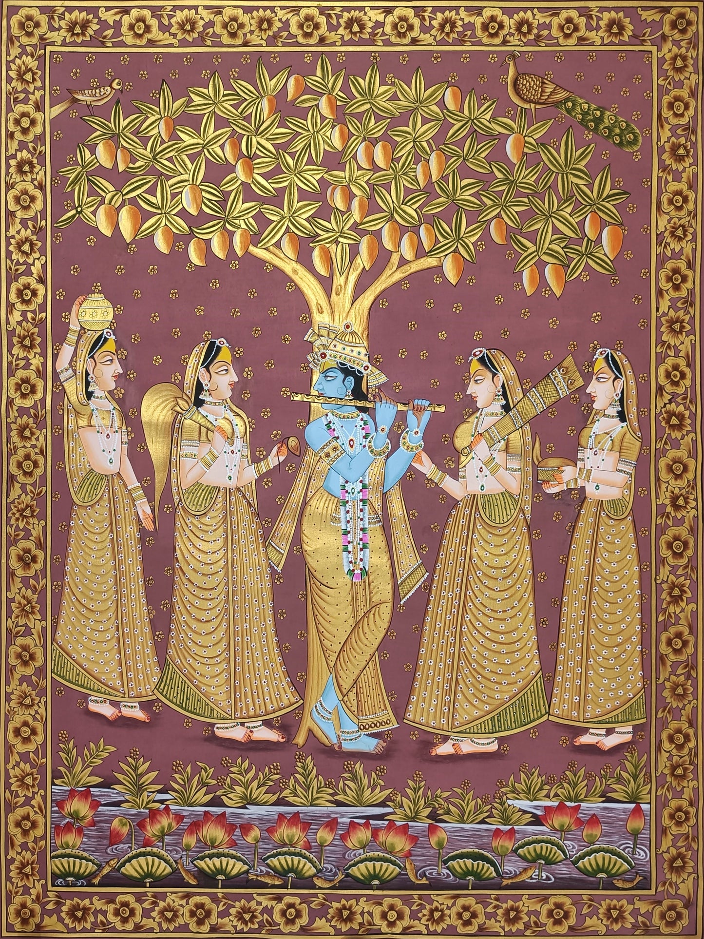 Krishna Gopiya Lila With Lotus and Tree Painting Luxury Artwork