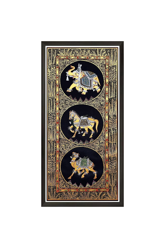 Original Wall Art Trio Painting of Elephant, Camel & Horse In Black