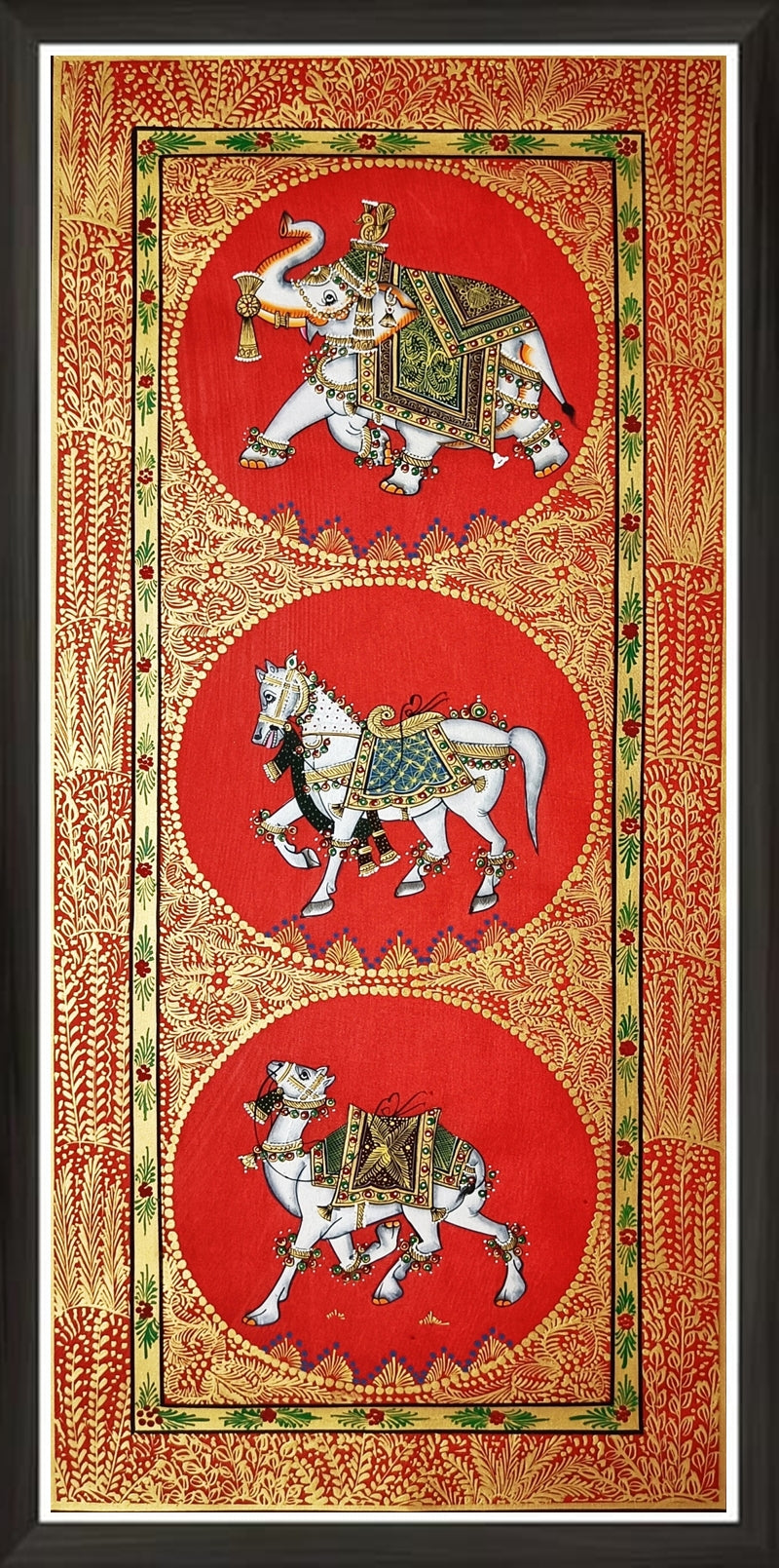 Original Handprinted Wall Art Trio Painting of Elephant, Horse & Camel