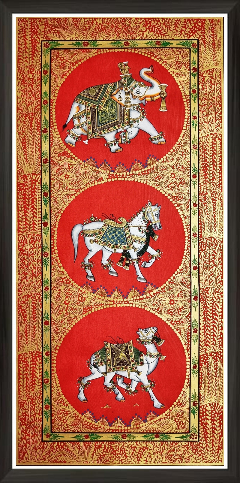 Original Handprinted Wall Art Trio Painting of Elephant, Horse & Camel