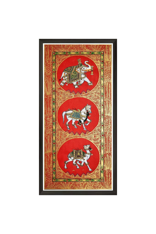 Original Handprinted Wall Art Trio Painting of Elephant, Horse & Camel