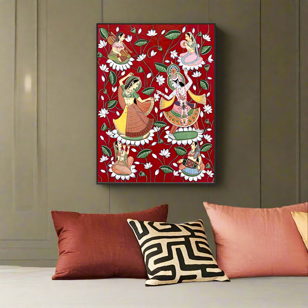 Radha Krishna Dance With Lotus Flowers Painting Wall Decor