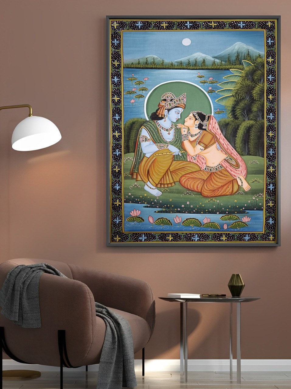 Shree Radha Krishna Bhakti Hand Printed Artwork Wall Painting