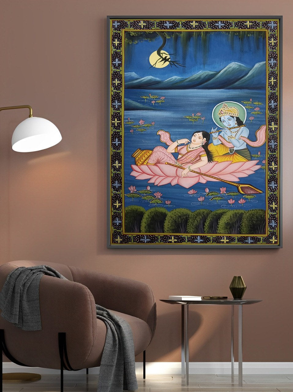 Shree Radha Krishna Bhakti Hand Printed Artwork Wall Painting