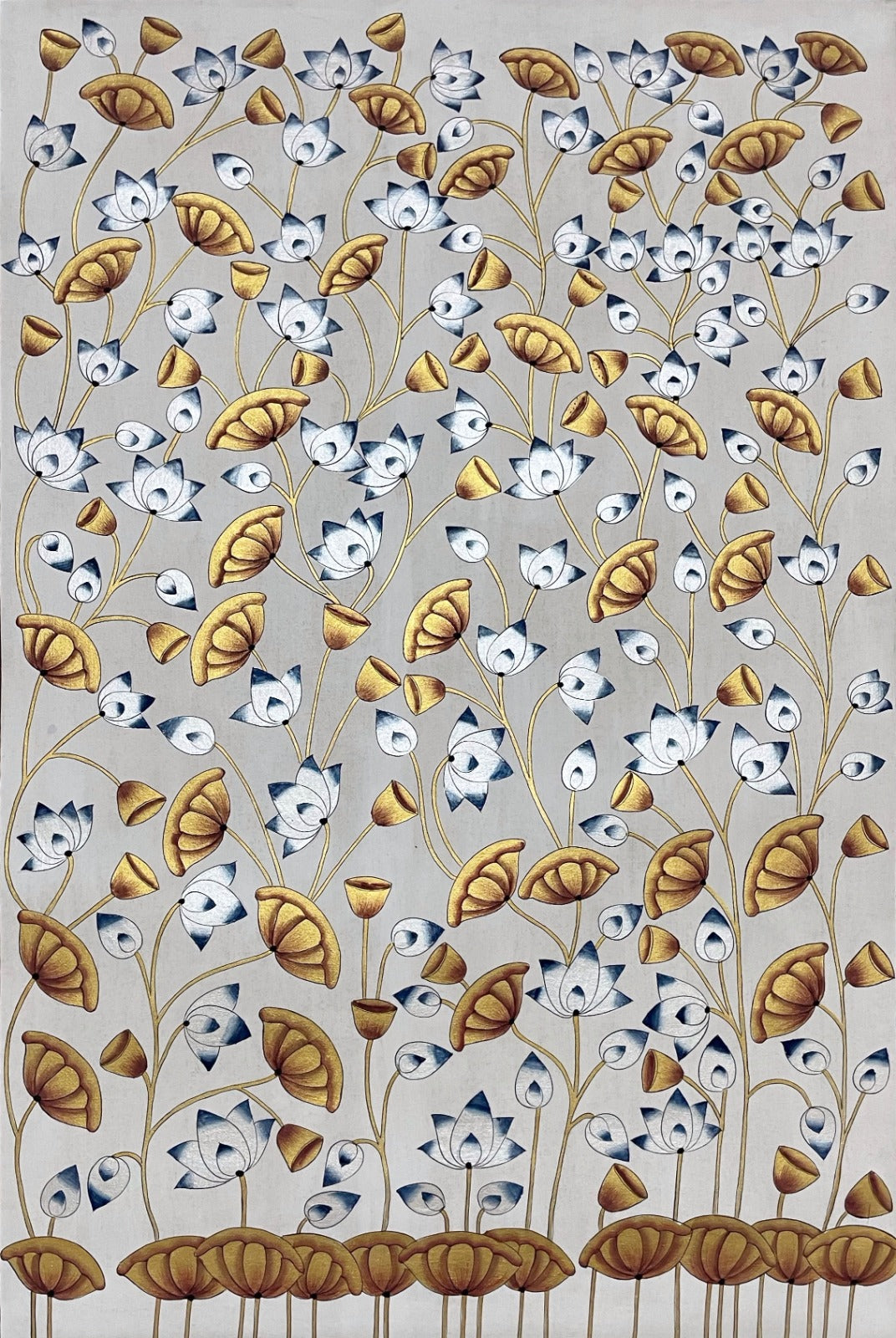 Kamal Talai Pichwai Artwork Hand Printed Painting Home Decor Gold & Silver Flower