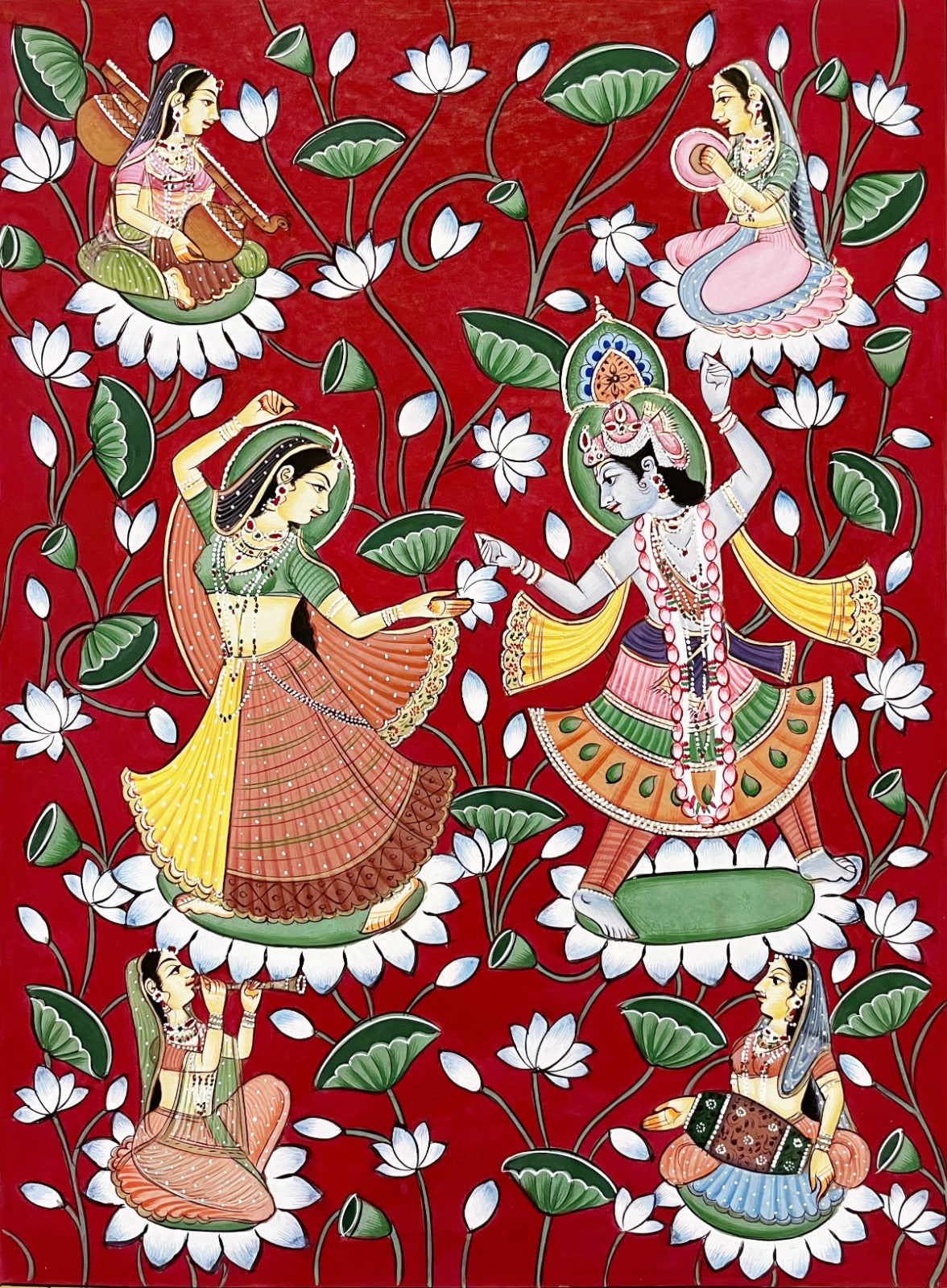 Radha Krishna Dance With Lotus Flowers Painting Wall Decor
