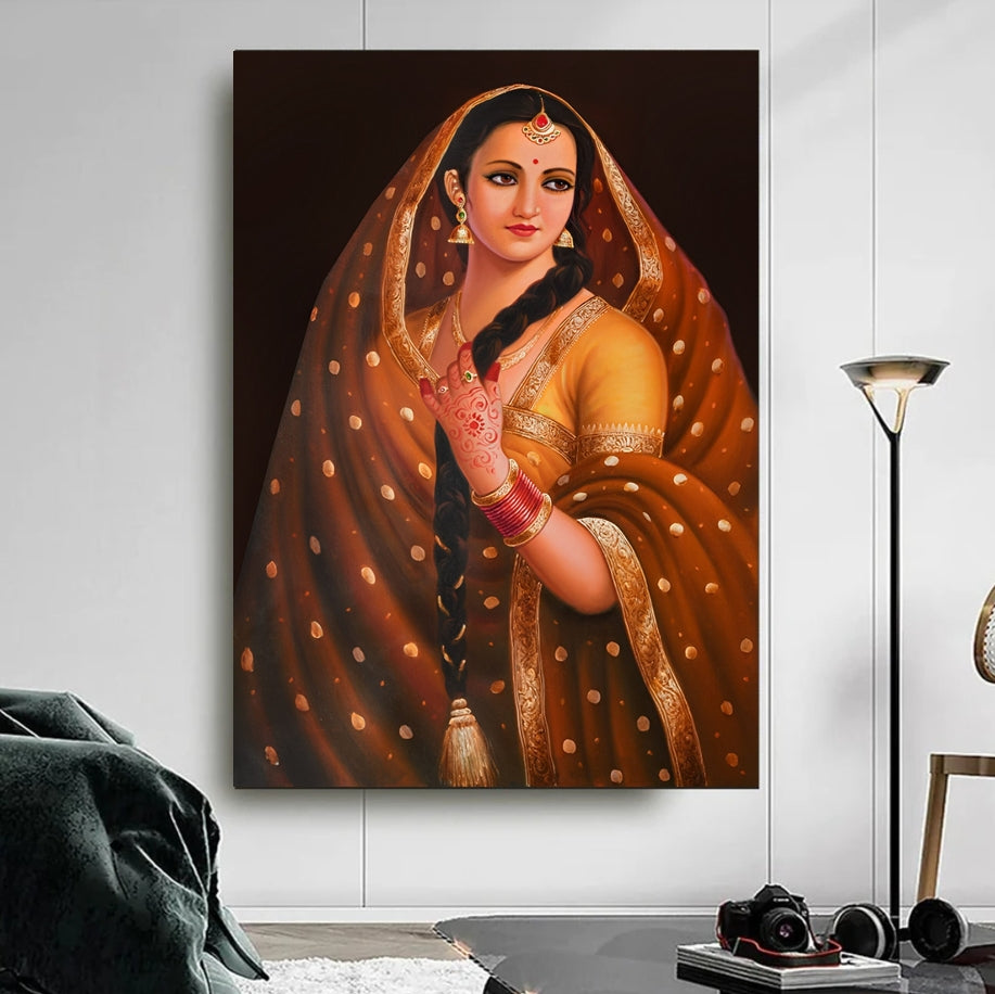 Beautiful Traditional Indian Woman Painting Oil Canvas Artwork