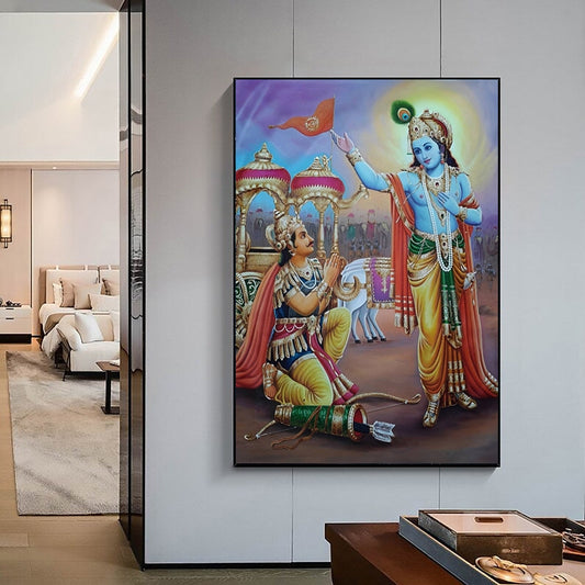 Lord Krishna and Arjun Mahabharat, Geeta Updesh Handmade Oil Painting