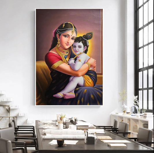 Lord Krishna with Maa Yashodha Detailed Handmade Oil Painting On Canvas