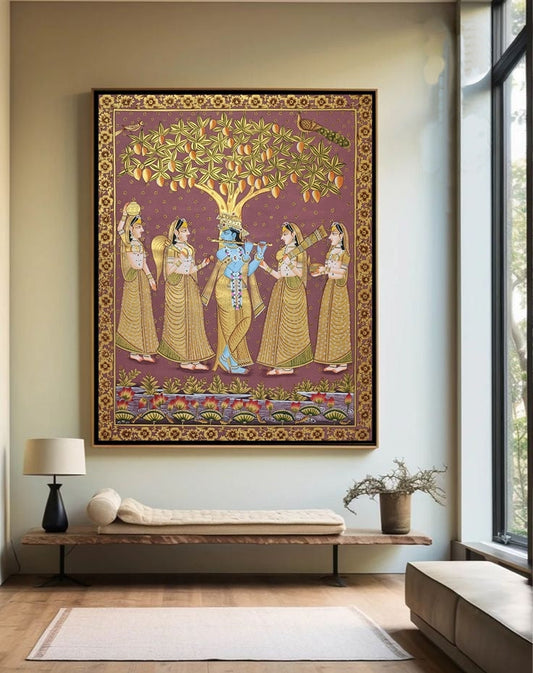 Krishna Gopiya Lila With Lotus and Tree Painting Luxury Artwork